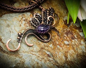 Amethyst and copper wire woven, Dragonfly necklace with Viking knit chain