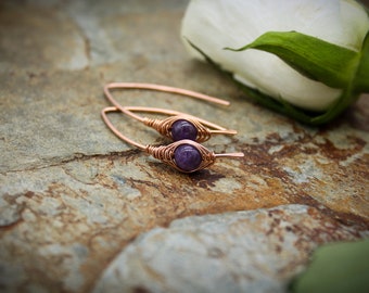 Threader herringbone earrings - 1mm copper and amethyst