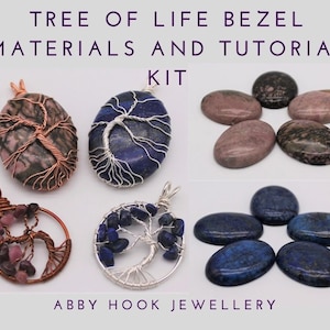 May include: Tree of Life bezel kit with materials and tutorial. The kit includes two different types of stones: pink and blue. The stones are oval shaped and have a natural, rough texture. The kit also includes wire and other materials needed to create a tree of life pendant.