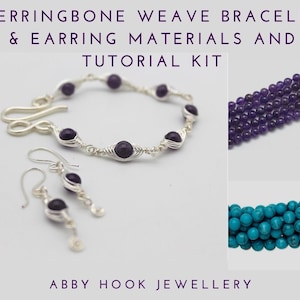 May include: A kit for making a herringbone weave bracelet and earrings. The kit includes amethyst and turquoise beads, silver wire, and a clasp. The kit also includes a tutorial.