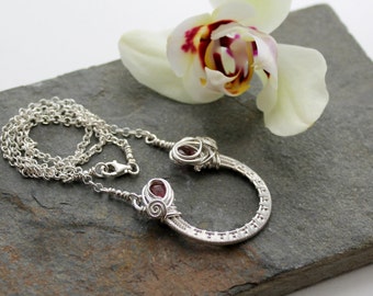 Ornate Horseshoe Necklace - Sterling silver and Pink Tourmaline wire woven pendant