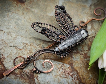 Hair Barrette in copper with Fossil - Woven Dragonfly - Hair clip or shawl pin