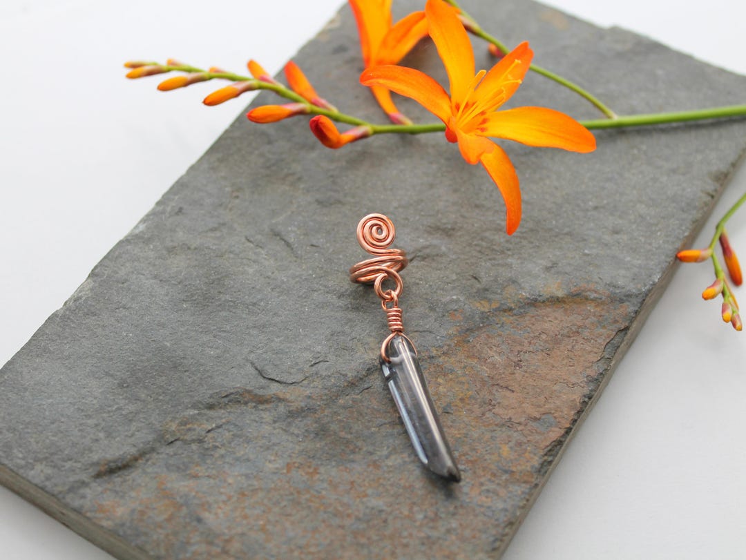 Copper Hair/beard Ring: Grey Crystal Quartz Dangle, Viking Braid Bead ...