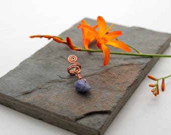 Hair Bead or Ring Spiral with Tanzanite nugget Beard, Dreadlock or braid ring or bead - Shiny Copper - Medium