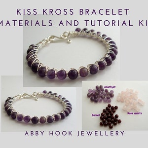 May include: A kit for making a wire-wrapped bracelet with amethyst, garnet, or rose quartz beads. The kit includes the wire, beads, and instructions.  KISS KROSS BRACELET MATERIALS AND TUTORIAL KIT ABBY HOOK JEWELLERY