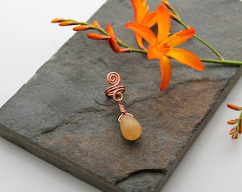 Hair Bead or Ring Spiral with Honey Jade dangle Beard, Dreadlock or braid ring or bead - Shiny Copper - Medium