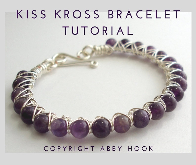 a silver and amethyst bracelet bangle which has been made with a wire frame and clasp with each amethyst stone wrapped in wire to hold it securly in place, forming a criss cross pattern like kisses. This shoes you what you will learn to make in this detailed pdf tutorial