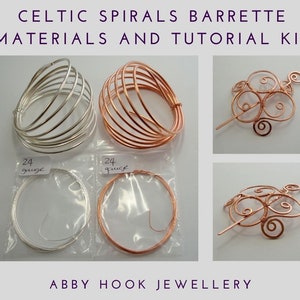 May include: Celtic spiral barrette materials and tutorial kit. The kit includes two spools of 24 gauge wire, one silver and one copper. The kit also includes a finished copper barrette with a Celtic spiral design.