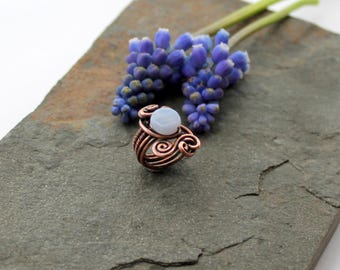 Hair Bead or Ring Blue Lace Agate, Woven Spiral Beard, Dreadlock or braid ring or bead - Antiqued Copper - Large