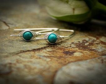 Threader herringbone earrings - 1mm sterling silver and turquoise