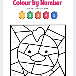 Puede incluir: Un dibujo en blanco y negro de un pato con un coraz&oacute;n en la cabeza. La imagen est&aacute; dividida en secciones con n&uacute;meros del 1 al 5. Los n&uacute;meros corresponden a una clave de color con cinco colores diferentes.