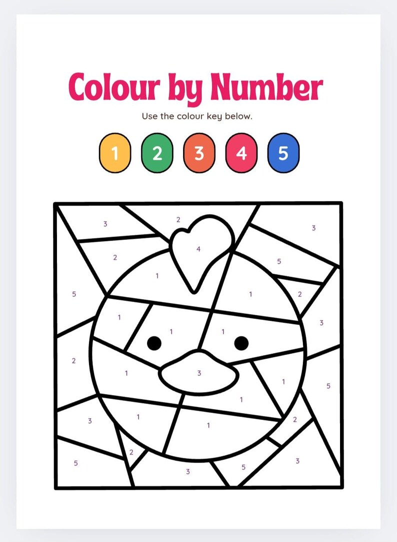 Puede incluir: Un dibujo en blanco y negro de un pato con un coraz&oacute;n en la cabeza. La imagen est&aacute; dividida en secciones con n&uacute;meros del 1 al 5. Los n&uacute;meros corresponden a una clave de color con cinco colores diferentes.