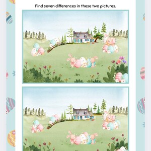 Puede incluir: Un juego de diferencias para imprimir con tem&aacute;tica de Pascua con dos im&aacute;genes de una casa, &aacute;rboles y conejos que sostienen huevos de Pascua. El texto "Find the Differences" y "Find seven differences in these two pictures." est&aacute; incluido.