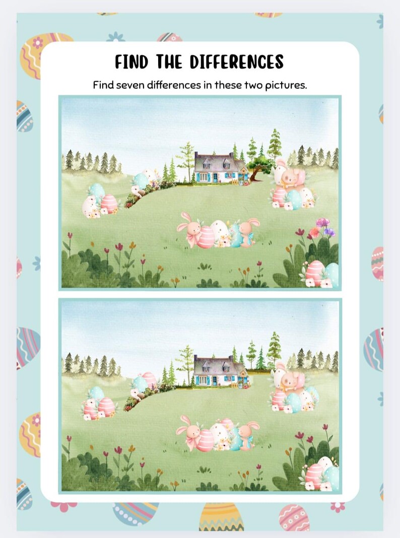Puede incluir: Un juego de diferencias para imprimir con tem&aacute;tica de Pascua con dos im&aacute;genes de una casa, &aacute;rboles y conejos que sostienen huevos de Pascua. El texto "Find the Differences" y "Find seven differences in these two pictures." est&aacute; incluido.