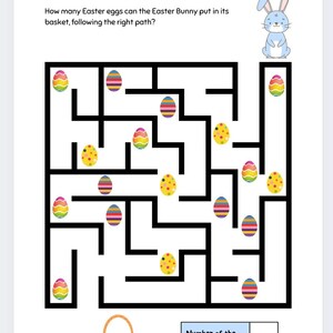 Puede incluir: Un laberinto de Pascua en blanco y negro con un conejo azul en la parte superior. El objetivo es ayudar al conejo a recoger todos los huevos de Pascua coloridos siguiendo el camino correcto. El texto "Easter Labyrinth" est&aacute; en la parte superior de la p&aacute;gina. El texto "&iquest;Cu&aacute;ntos huevos de Pascua puede poner el Conejo de Pascua en su cesta, siguiendo el camino correcto?" est&aacute; debajo del t&iacute;tulo. El texto "N&uacute;mero de los huevos de Pascua" est&aacute; en un cuadro azul en la parte inferior de la p&aacute;gina.
