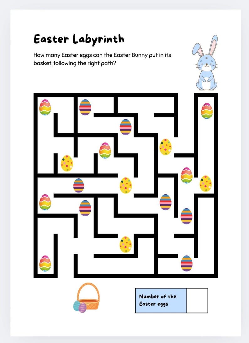 Puede incluir: Un laberinto de Pascua en blanco y negro con un conejo azul en la parte superior. El objetivo es ayudar al conejo a recoger todos los huevos de Pascua coloridos siguiendo el camino correcto. El texto "Easter Labyrinth" est&aacute; en la parte superior de la p&aacute;gina. El texto "&iquest;Cu&aacute;ntos huevos de Pascua puede poner el Conejo de Pascua en su cesta, siguiendo el camino correcto?" est&aacute; debajo del t&iacute;tulo. El texto "N&uacute;mero de los huevos de Pascua" est&aacute; en un cuadro azul en la parte inferior de la p&aacute;gina.