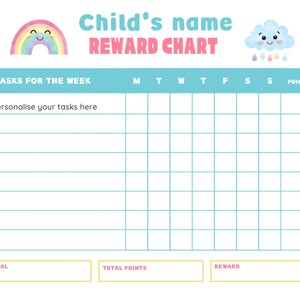 May include: A printable reward chart featuring a rainbow and a cloud with raindrops. The chart includes spaces to write in a child's name, tasks for the week, days of the week, points, a goal, total points, and a reward.
