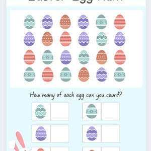Puede incluir: Una hoja de actividad de b&uacute;squeda de huevos de Pascua imprimible con un conejito que asoma por la parte inferior. La hoja presenta una cuadr&iacute;cula de 24 huevos de Pascua coloridos con diferentes patrones. El texto "Easter Egg Hunt" est&aacute; en la parte superior de la hoja. Debajo de la cuadr&iacute;cula, el texto "&iquest;Cu&aacute;ntos huevos de cada tipo puedes contar?" est&aacute; escrito. Hay cuatro casillas debajo del texto, cada una con un patr&oacute;n de huevo diferente y un espacio en blanco para contar.