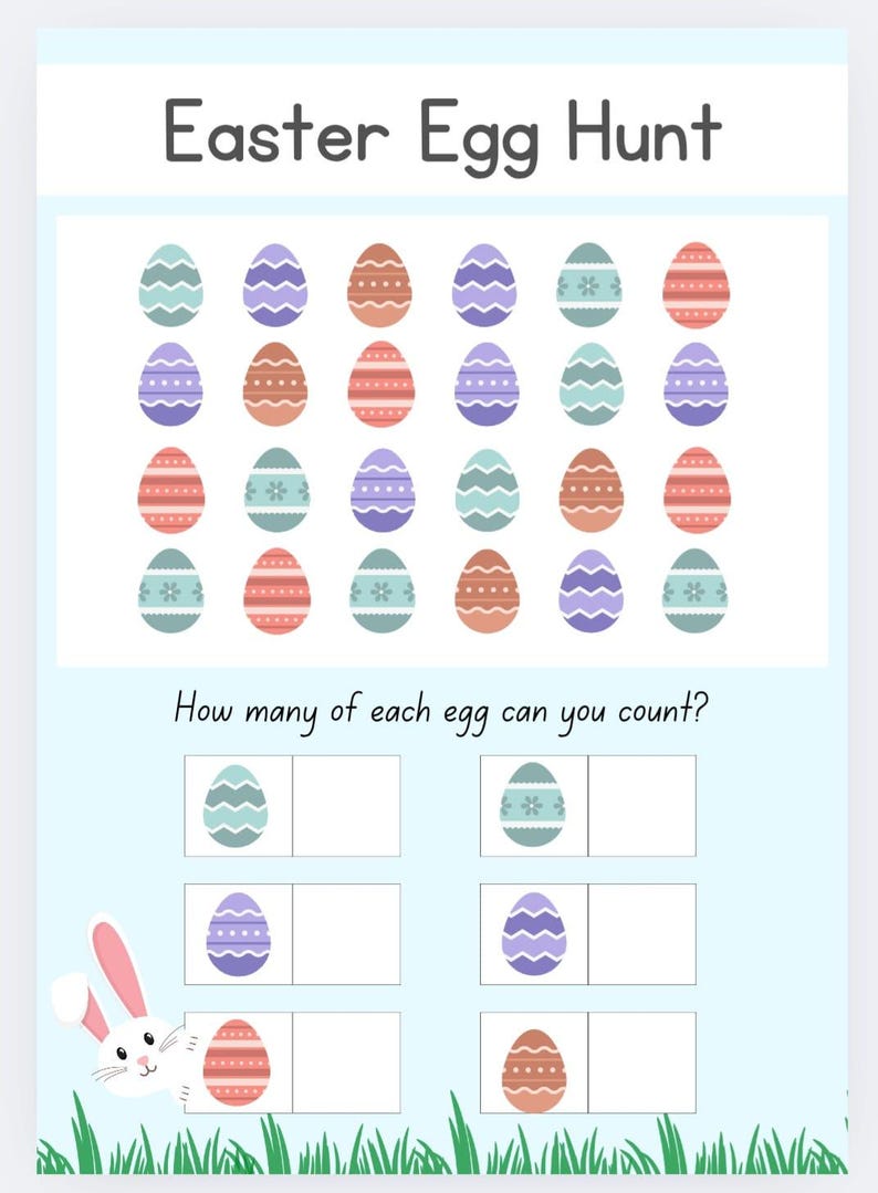 Puede incluir: Una hoja de actividad de b&uacute;squeda de huevos de Pascua imprimible con un conejito que asoma por la parte inferior. La hoja presenta una cuadr&iacute;cula de 24 huevos de Pascua coloridos con diferentes patrones. El texto "Easter Egg Hunt" est&aacute; en la parte superior de la hoja. Debajo de la cuadr&iacute;cula, el texto "&iquest;Cu&aacute;ntos huevos de cada tipo puedes contar?" est&aacute; escrito. Hay cuatro casillas debajo del texto, cada una con un patr&oacute;n de huevo diferente y un espacio en blanco para contar.