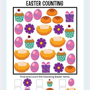 Puede incluir: Una hoja de trabajo de actividad de conteo de Pascua con una cuadr&iacute;cula de im&aacute;genes coloridas con tem&aacute;tica de Pascua, que incluyen huevos morados, nidos amarillos, cupcakes, flores y cajas de regalo. Encuentra y cuenta los siguientes art&iacute;culos de Pascua: flores, cupcakes, cajas de regalo, pan y huevos.
