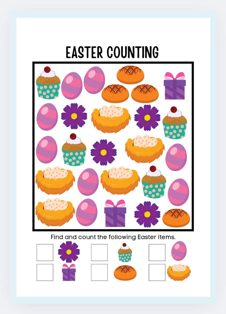 Puede incluir: Una hoja de trabajo de actividad de conteo de Pascua con una cuadr&iacute;cula de im&aacute;genes coloridas con tem&aacute;tica de Pascua, que incluyen huevos morados, nidos amarillos, cupcakes, flores y cajas de regalo. Encuentra y cuenta los siguientes art&iacute;culos de Pascua: flores, cupcakes, cajas de regalo, pan y huevos.
