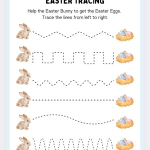 Puede incluir: Una hoja de trabajo imprimible para que los ni&ntilde;os practiquen el trazado de l&iacute;neas. La hoja de trabajo presenta un conejito de dibujos animados y un nido con huevos coloridos. El texto en la hoja de trabajo dice "Easter Tracing" y "Help the Easter Bunny to get the Easter Eggs. Trace the lines from left to right."