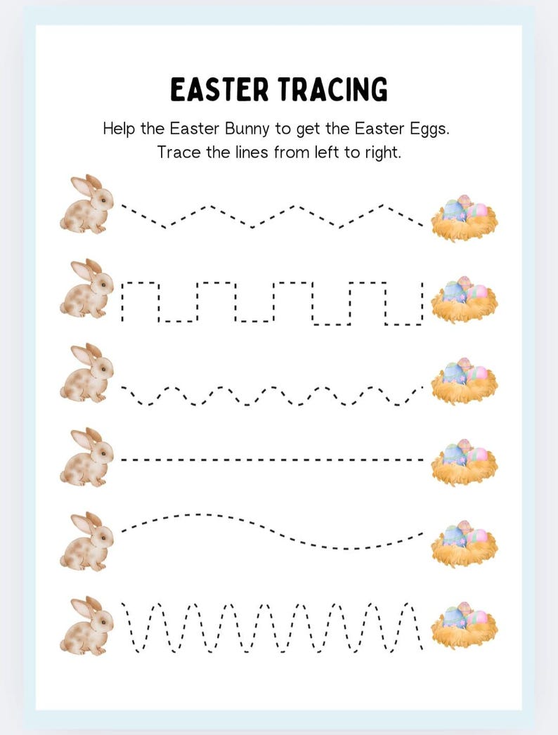 Puede incluir: Una hoja de trabajo imprimible para que los ni&ntilde;os practiquen el trazado de l&iacute;neas. La hoja de trabajo presenta un conejito de dibujos animados y un nido con huevos coloridos. El texto en la hoja de trabajo dice "Easter Tracing" y "Help the Easter Bunny to get the Easter Eggs. Trace the lines from left to right."