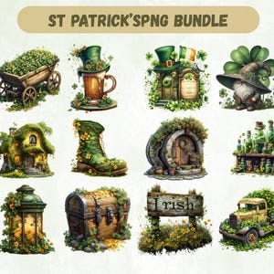 May include: A set of watercolour illustrations with St Patrick's Day themes. The images include a wooden cart filled with clovers, a mug with a leprechaun hat, a house with a green door, a gnome with a hat, and a boot covered in clovers.