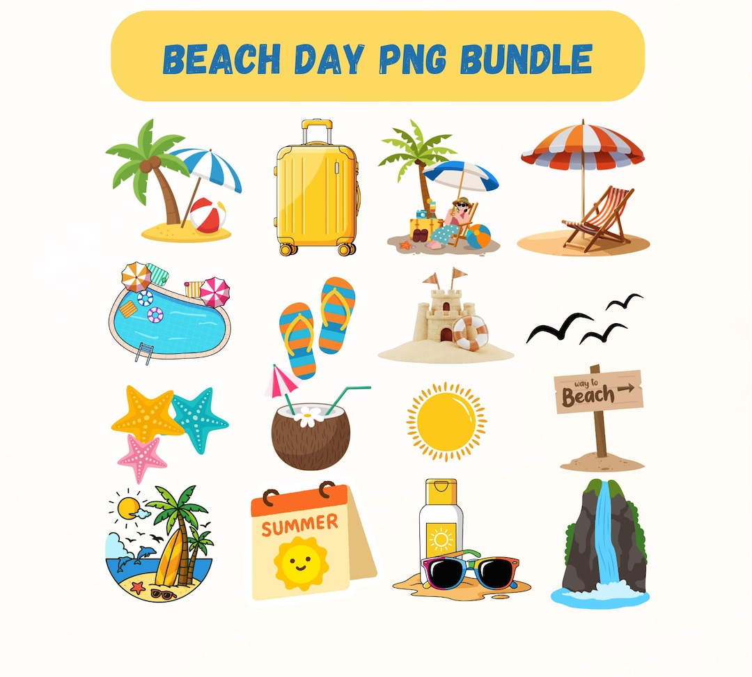 Beach Day Clipart Bundle, Summer Tropical Vacation Pngs (digital ...