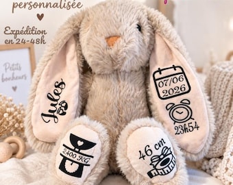 Personalized baby plush toy. Cuddly bunny for newborn baby, ideal gift for a birth or christening.