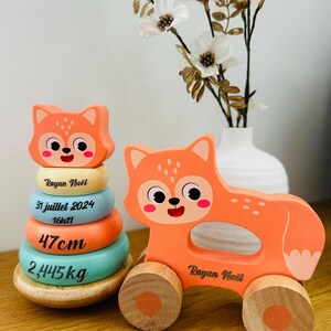 Personalized wooden toys for newborn birth gift, baby, young parents. Montessori games stacking tower
