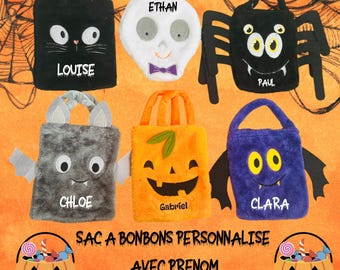 Personalized soft plush fabric candy bag with name for Halloween - Children's Trick or Treat bag -