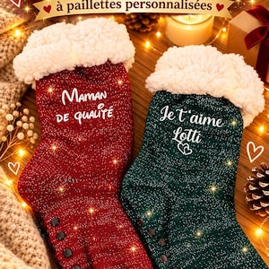Chaussettes polaire moumoute à Paillettes Personnalisées. Idéal cadeau ado et cadeau anniversaire pour Femme, cadeau mamie, cadeau maman