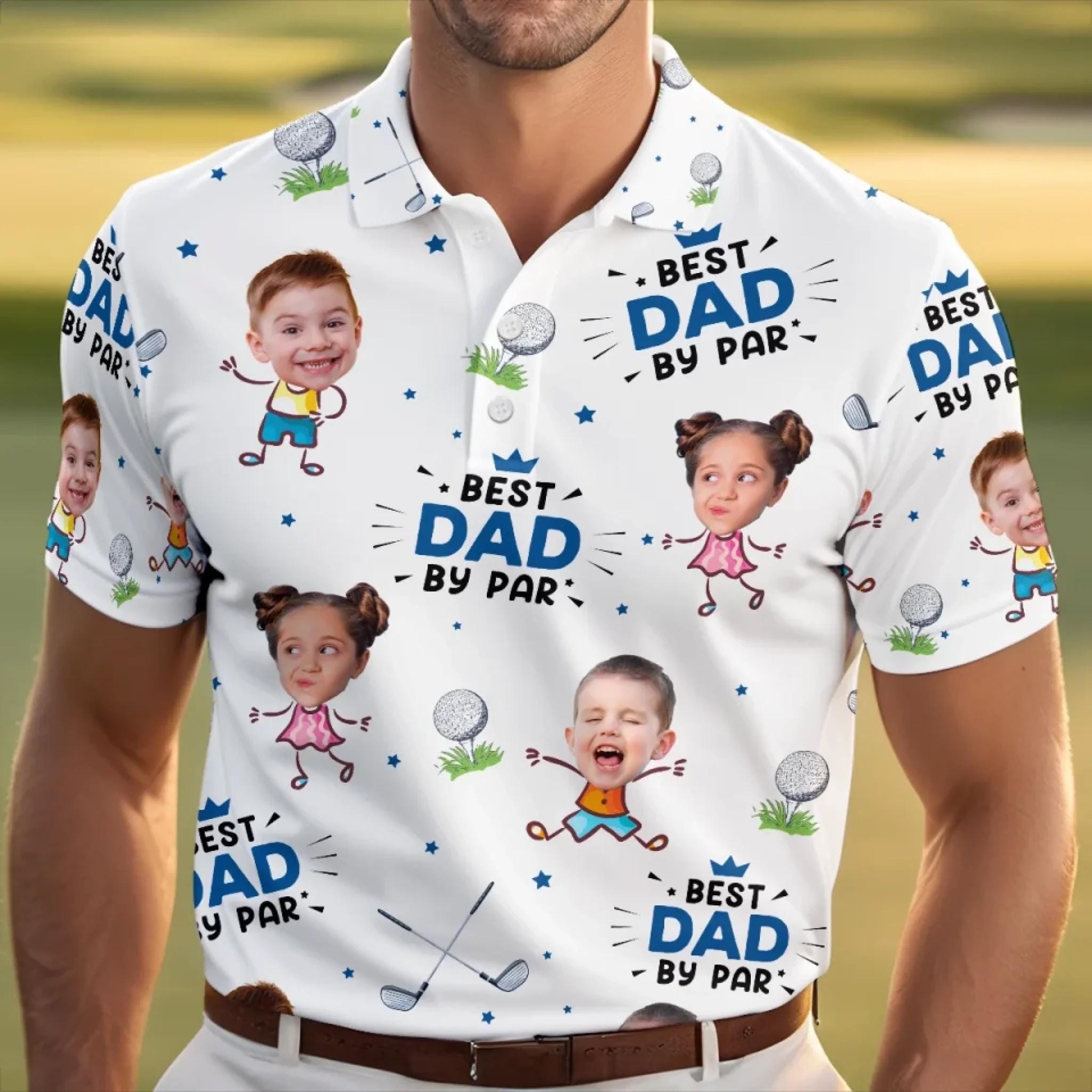 Best Dad By Par Personalized Photo Polo Shirt, Custom Face for Golfer, Short Sleeve Golf Gift for Husband, Father, Kids Funny Face Shirt