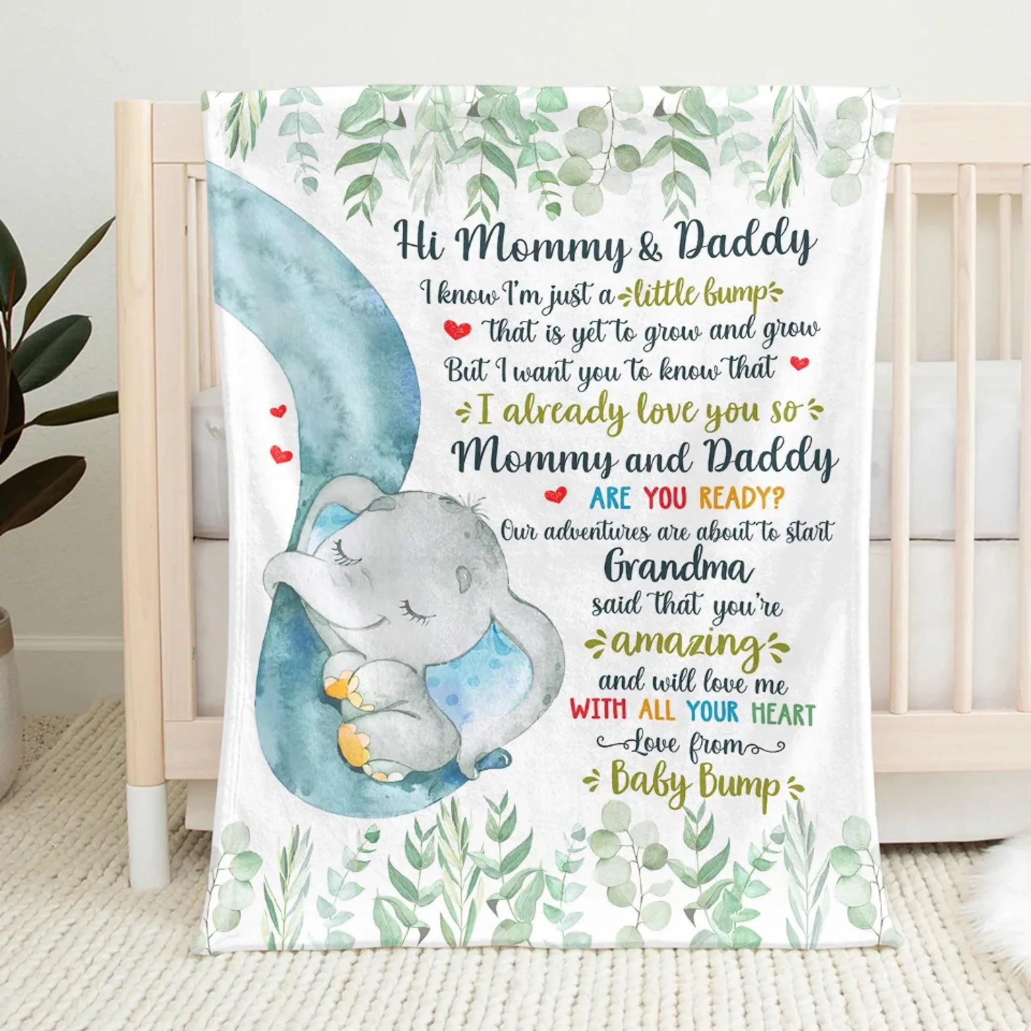Hi Mommy and Daddy, Elephant Baby Shower Family Personalized Custom Blanket Mother's Day, Baby Shower Gift, Gift For First Mom