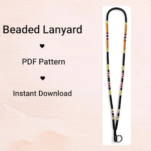 May include: A black beaded lanyard with red, yellow, and white detailing. The lanyard features a loop at the base and a curved top. Text on the left reads "Beaded Lanyard", "PDF Pattern", and "Instant Download".