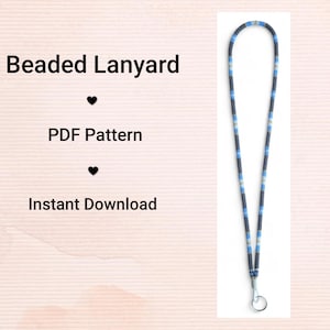 May include: A beaded lanyard featuring a pattern of black, blue, and white beads. The lanyard has a silver clasp at the bottom. Text on the left side reads "Beaded Lanyard", "PDF Pattern", and "Instant Download".