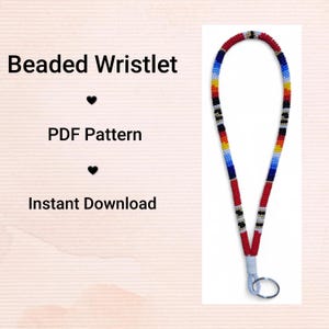 May include: A colourful beaded wristlet with a pattern. The wristlet incorporates red, blue, yellow, and black beads. The text "Beaded Wristlet", "PDF Pattern", and "Instant Download" are also visible.