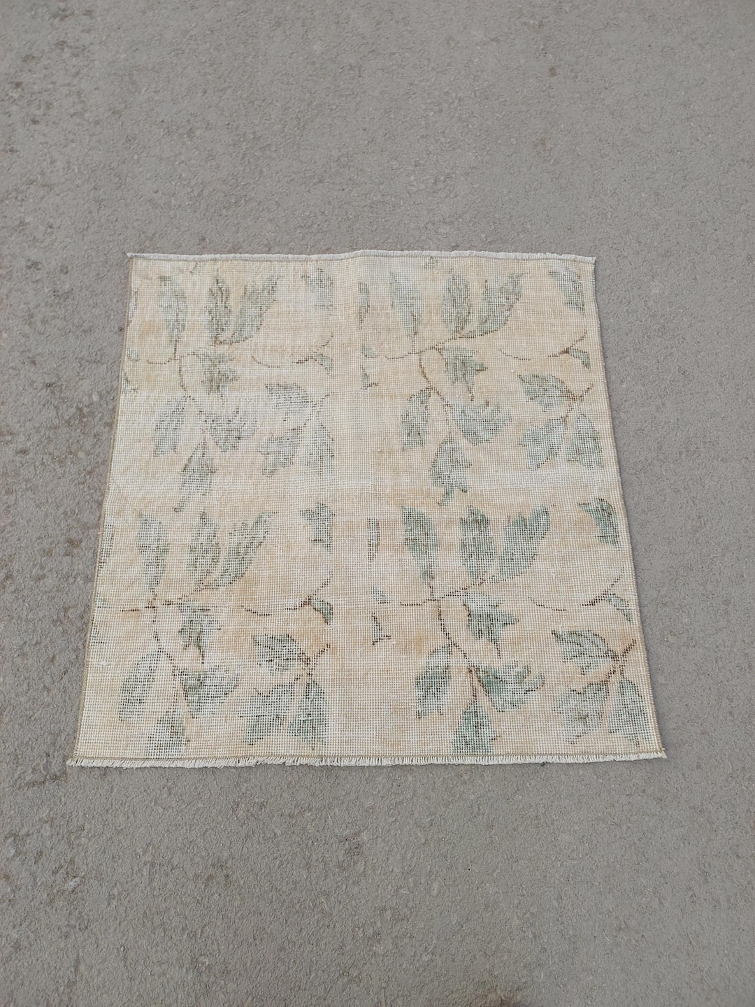 3x3 Beige & Green Mini Rug, Handwoven Turkish Vintage Carpet, Entryway ...