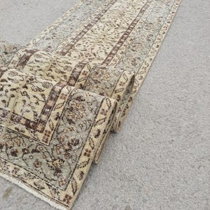 Tappeto passatoia patchwork vintage, anni '70, lana turca, 2x9, beige, marrone pastello