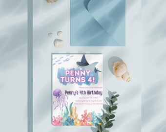Plantilla de invitación para fiesta de cumpleaños bajo el mar, invitación para fiesta de cumpleaños con temática oceánica, plantilla de invitación editable