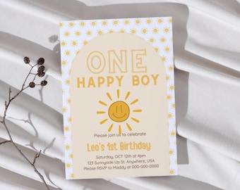ONE Happy Boy 1st Birthday Party Invitation Template, Sunshine Theme First Birthday Party Invitation, Editable Template