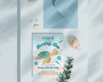 Szablon zaproszenia na przyjęcie urodzinowe Turtley Two i plakat powitalny, przyjęcie urodzinowe z motywem żółwia morskiego, drugie przyjęcie urodzinowe, szablon edytowalny