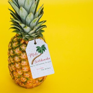 May include: A pineapple with a white gift tag that says "Mele Kalikimaka Merry Christmas to you! Love & Aloha The Millers"