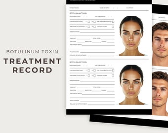 May include: A black and white printable treatment record form for botulinum toxin injections. The form includes sections for patient information, treatment details, and follow-up appointments. The form also includes images of a woman and a man.