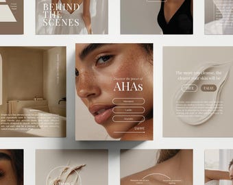 Può includere: Una raccolta di grafiche per social media con contenuti educativi sulla cura della pelle. Le immagini mostrano primi piani di pelle, texture di creme e sovrapposizioni di testo con frasi come Discover the power of AHAs, How to layer your skincare.