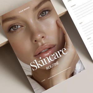 May include: A skincare routine planner with the words "YOUR Skincare ROUTINE" in white. The image features a close-up of a person's face. The planner includes sections for morning, night, and weekly skincare tracking.