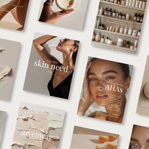 May include: A collection of social media posts about skincare featuring images of products, ingredients, and models. The posts include text about vitamin C, sunscreen, AHAs, and a giveaway.