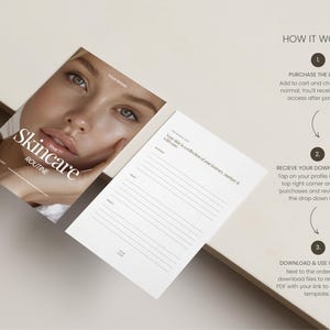 May include: A skincare routine template with a woman's face on the cover. The template includes space for notes and a section that reads "Your skin is a reflection of our journey, nurture it with care."