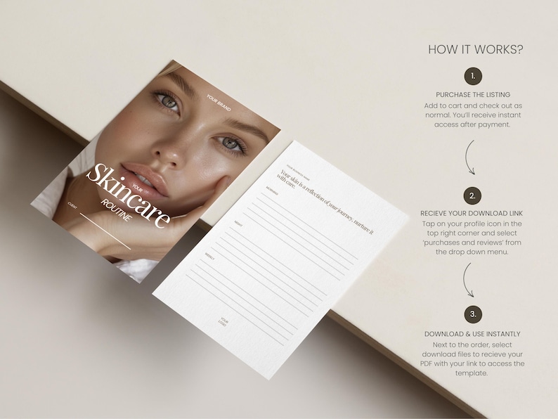 May include: A skincare routine template with a woman's face on the cover. The template includes space for notes and a section that reads "Your skin is a reflection of our journey, nurture it with care."